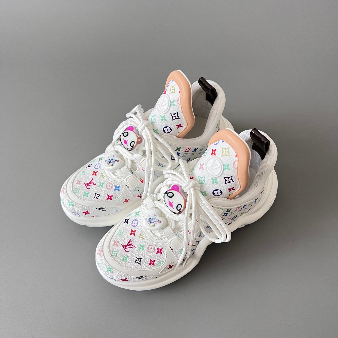 AuroraCustom LV Archlight Series Optic White Multi-Color Pop Monogram Leather Nude Trim Playful Cartoon Face Charms Luxury Wavy Platform Sneaker (Women's Exclusive) - Image 8