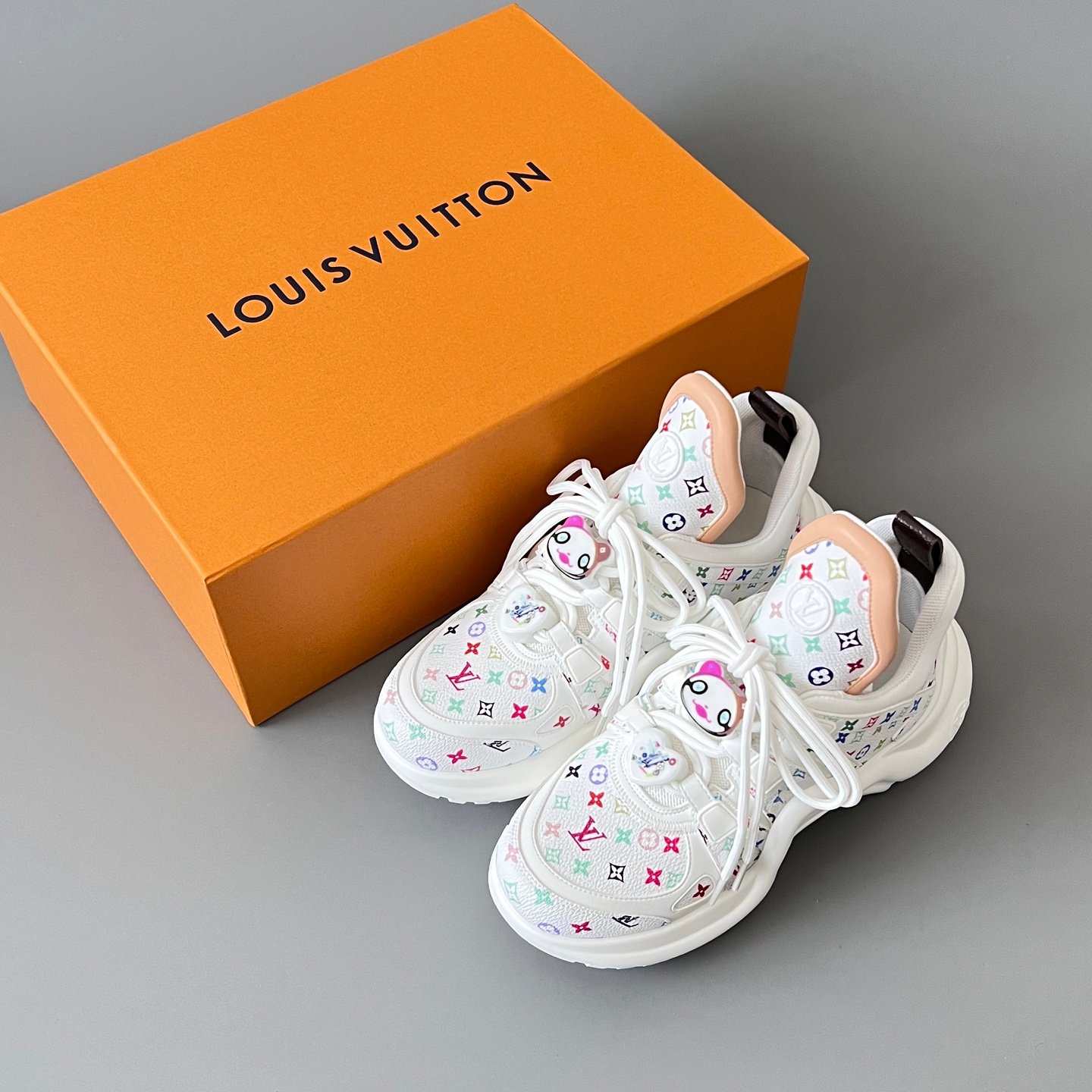 AuroraCustom LV Archlight Series Optic White Multi-Color Pop Monogram Leather Nude Trim Playful Cartoon Face Charms Luxury Wavy Platform Sneaker (Women's Exclusive) - Image 9