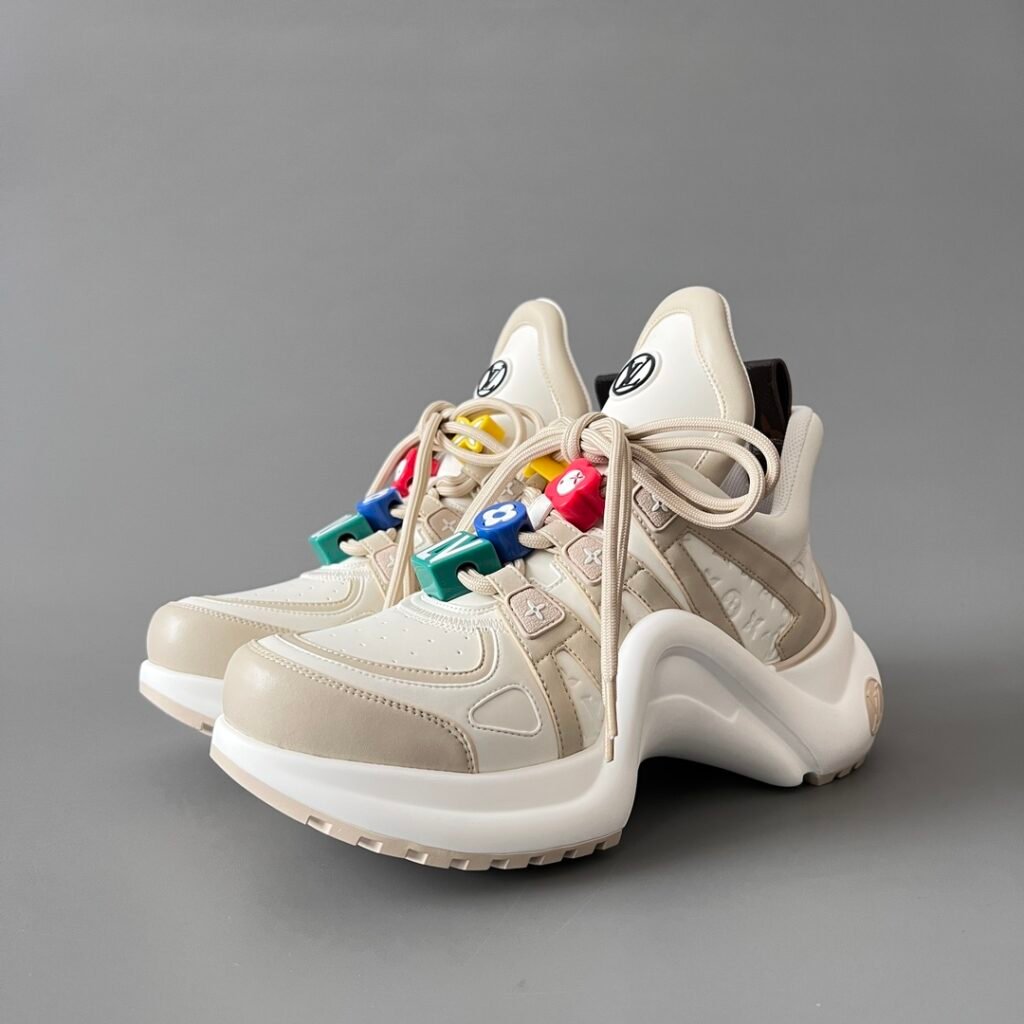 AuroraCustom LV Archlight Series Ivory Cream Debossed Monogram Leather Multi-Color Playful Cube Charms Luxury Wavy Platform Sneaker (Women's Exclusive)
