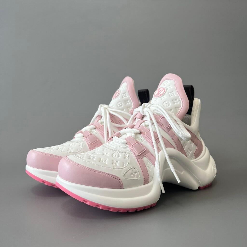 AuroraCustom LV Archlight Series Optic White Debossed Monogram Leather & Pastel Pink Luxury Wavy Platform Sneaker (Women's Exclusive)