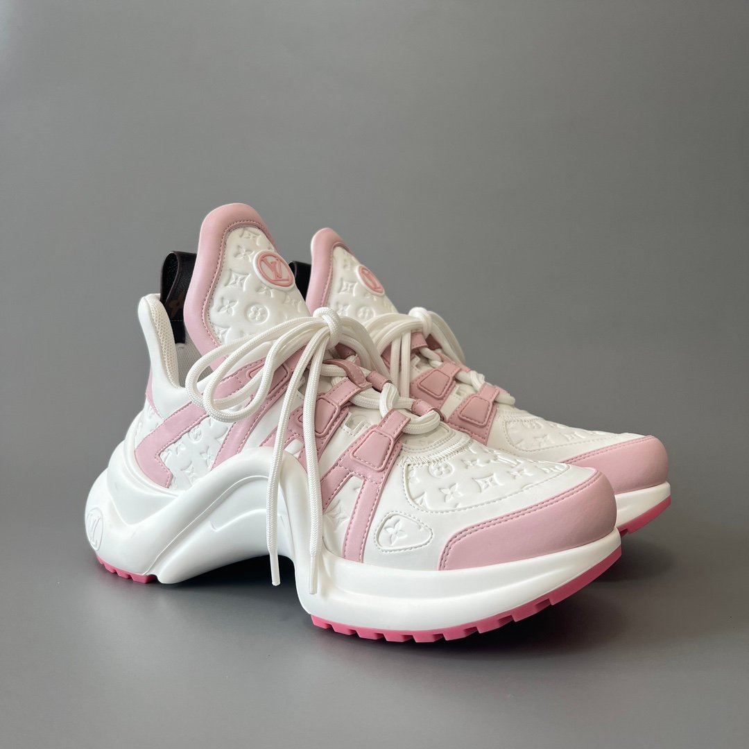 AuroraCustom LV Archlight Series Optic White Debossed Monogram Leather & Pastel Pink Luxury Wavy Platform Sneaker (Women's Exclusive) - Image 3