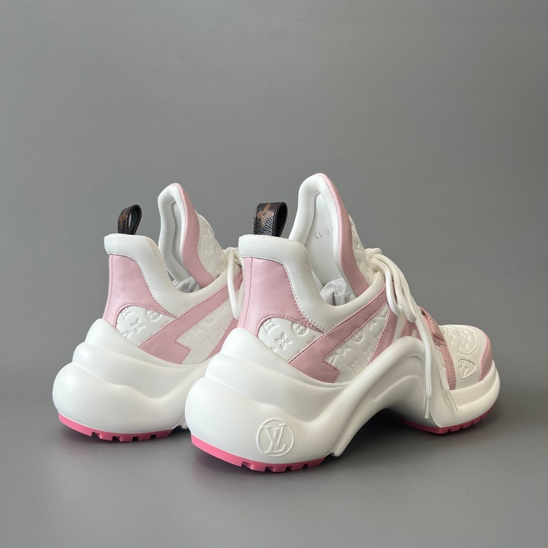 AuroraCustom LV Archlight Series Optic White Debossed Monogram Leather & Pastel Pink Luxury Wavy Platform Sneaker (Women's Exclusive) - Image 4