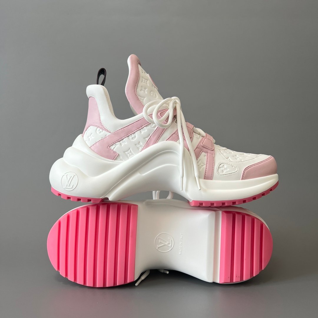 AuroraCustom LV Archlight Series Optic White Debossed Monogram Leather & Pastel Pink Luxury Wavy Platform Sneaker (Women's Exclusive) - Image 6