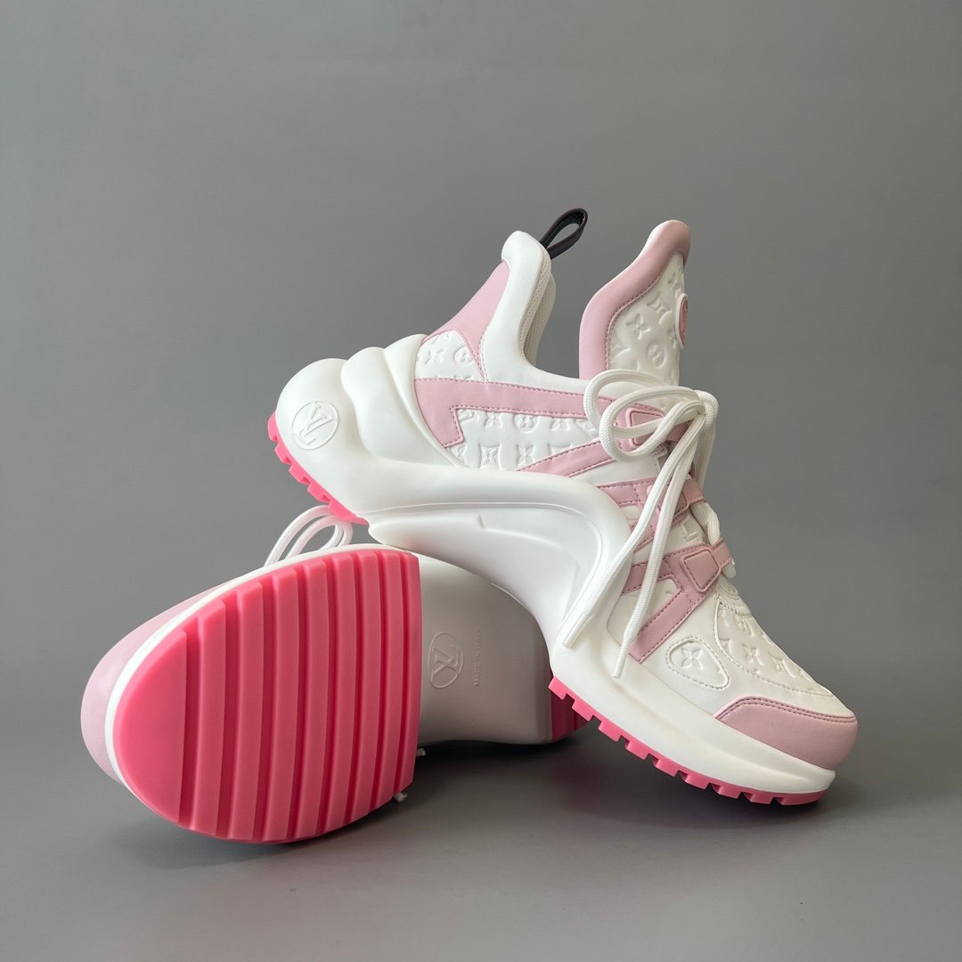 AuroraCustom LV Archlight Series Optic White Debossed Monogram Leather & Pastel Pink Luxury Wavy Platform Sneaker (Women's Exclusive) - Image 7