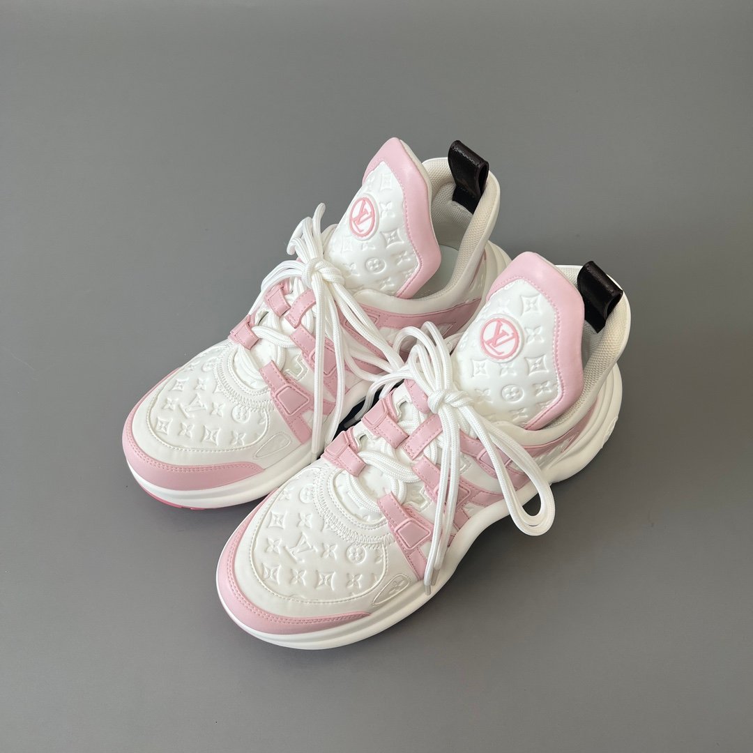 AuroraCustom LV Archlight Series Optic White Debossed Monogram Leather & Pastel Pink Luxury Wavy Platform Sneaker (Women's Exclusive) - Image 8