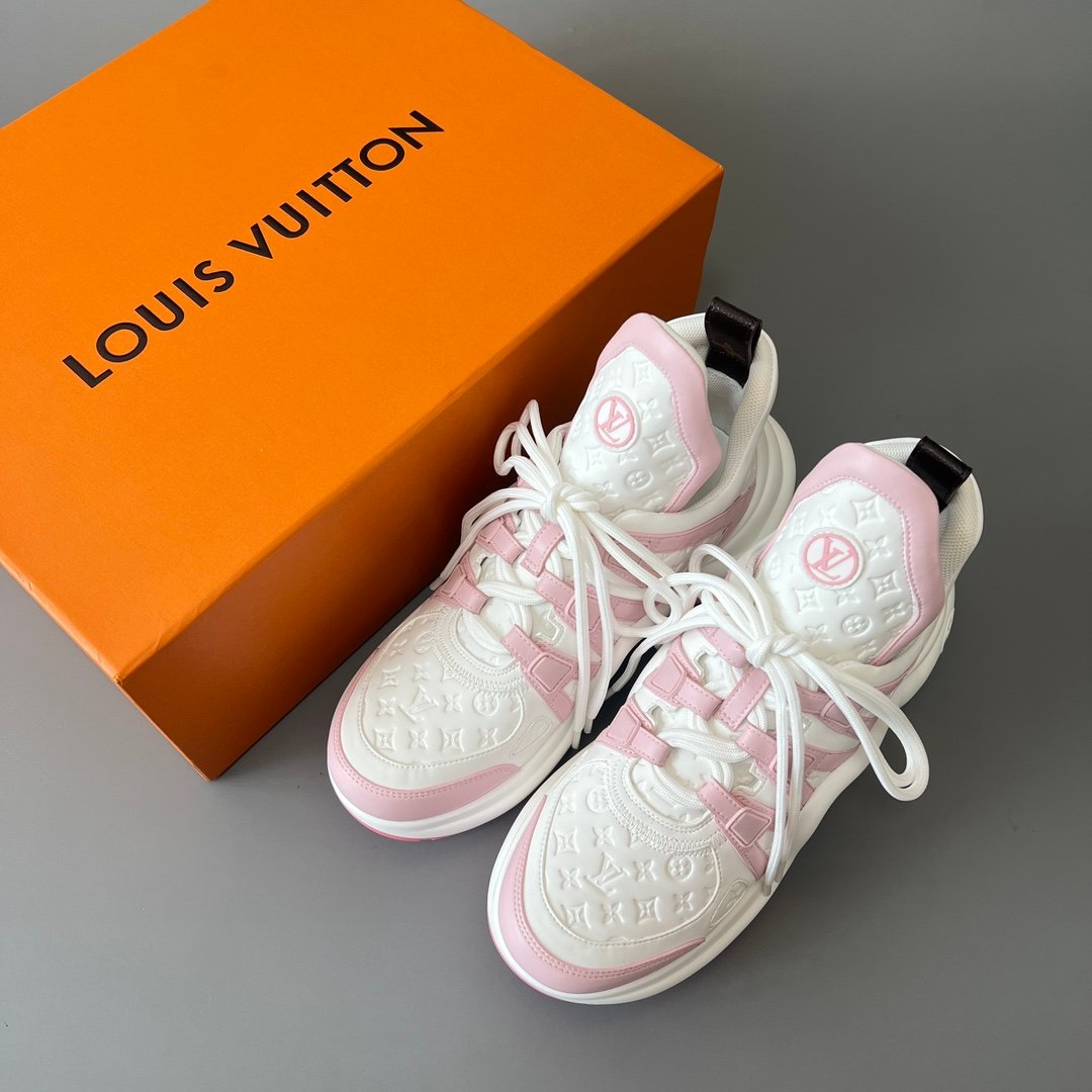 AuroraCustom LV Archlight Series Optic White Debossed Monogram Leather & Pastel Pink Luxury Wavy Platform Sneaker (Women's Exclusive) - Image 9