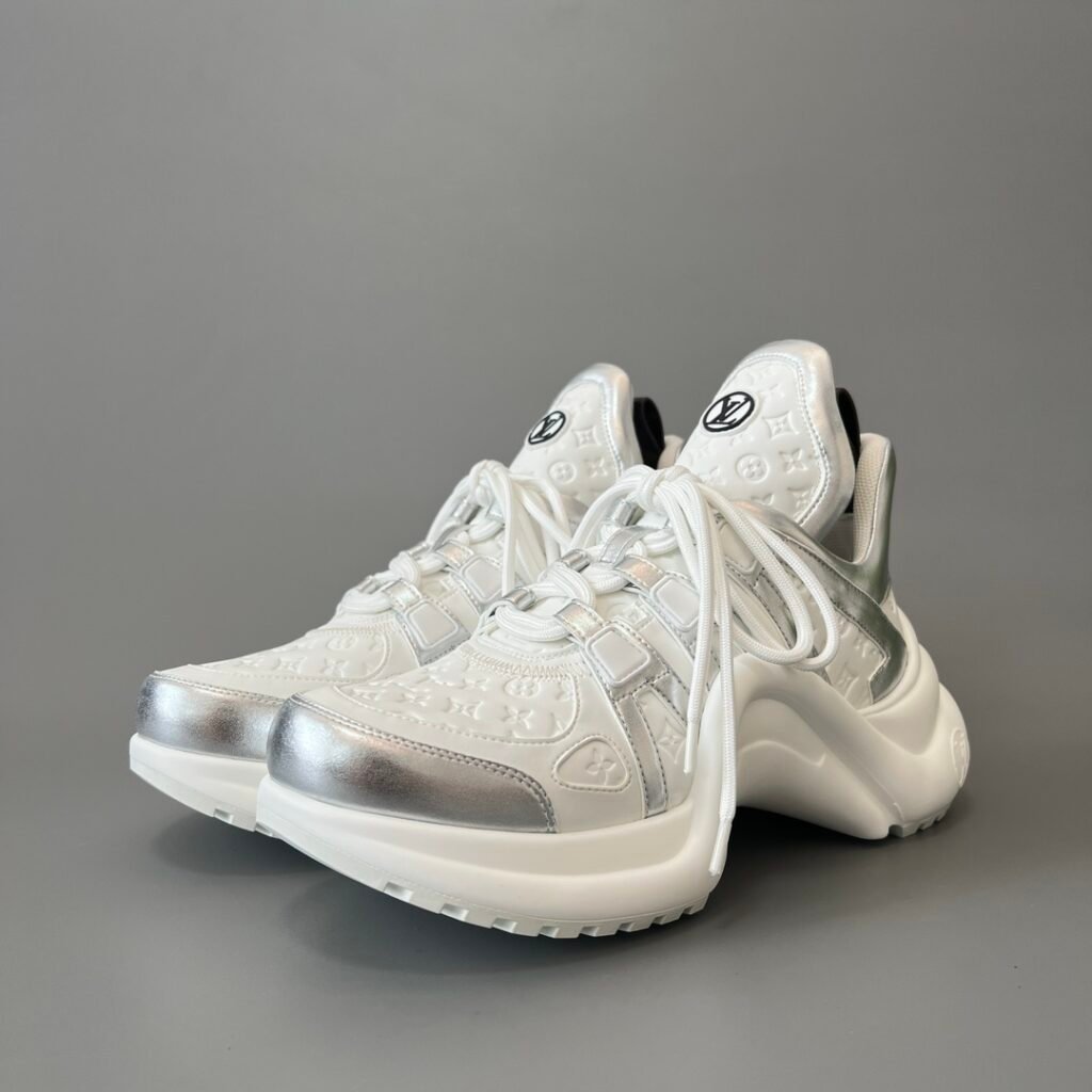 AuroraCustom LV Archlight Series Optic White Debossed Monogram Leather & Metallic Silver Luxury Wavy Platform Sneaker (Women's Exclusive)