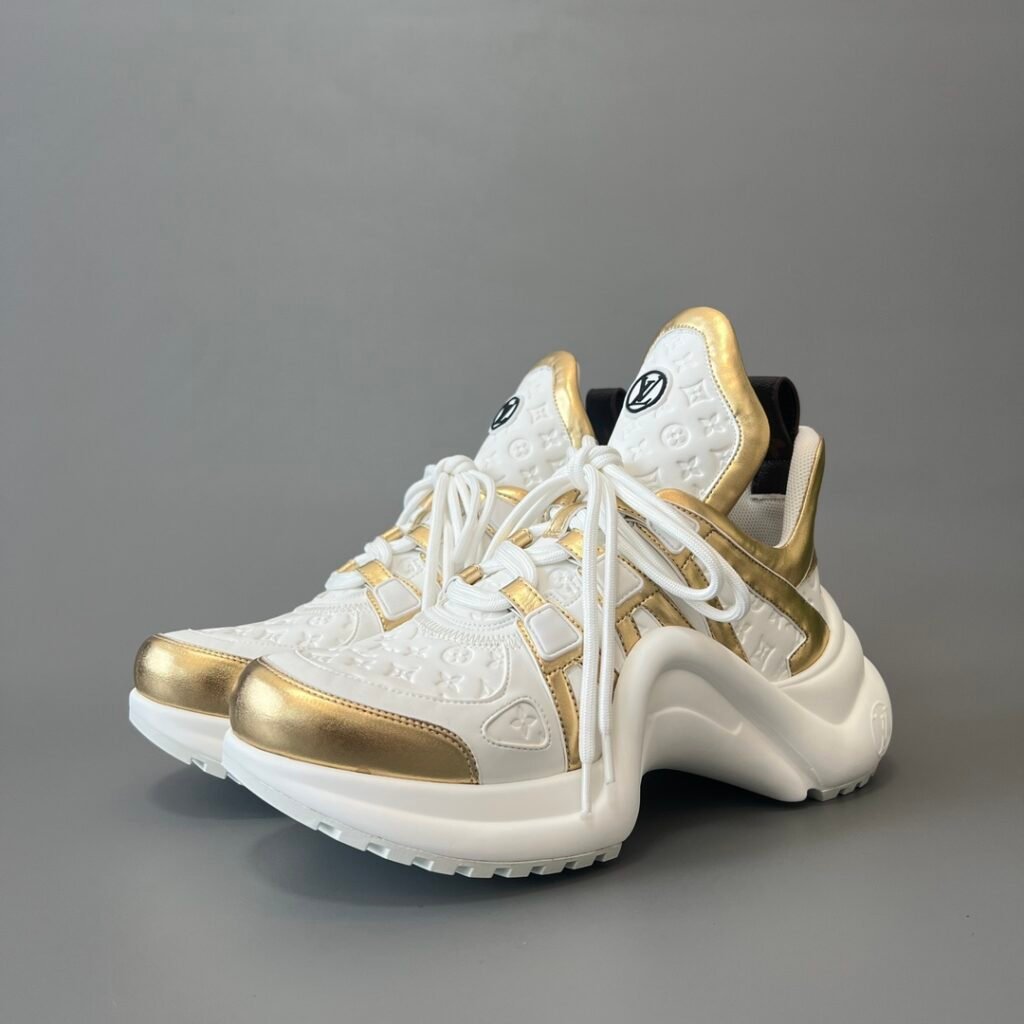 AuroraCustom LV Archlight Series Optic White Debossed Monogram Leather & Metallic Gold Luxury Wavy Platform Sneaker (Women's Exclusive)