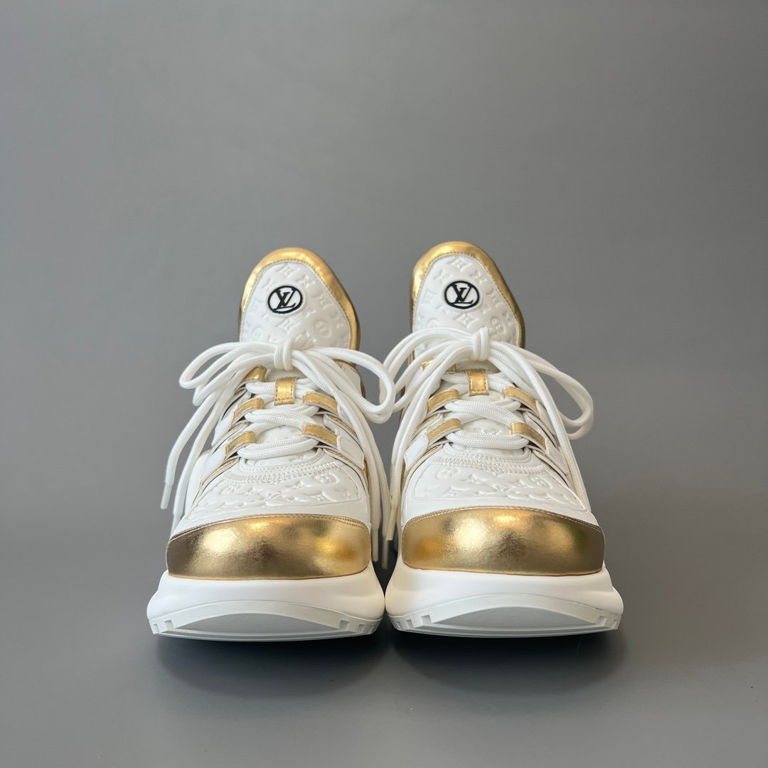 AuroraCustom LV Archlight Series Optic White Debossed Monogram Leather & Metallic Gold Luxury Wavy Platform Sneaker (Women's Exclusive) - Image 2