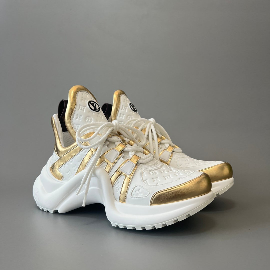 AuroraCustom LV Archlight Series Optic White Debossed Monogram Leather & Metallic Gold Luxury Wavy Platform Sneaker (Women's Exclusive) - Image 3