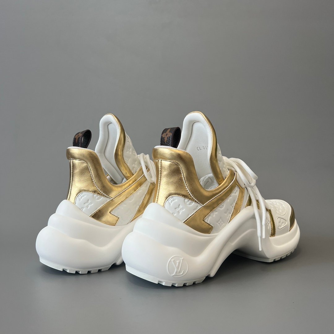 AuroraCustom LV Archlight Series Optic White Debossed Monogram Leather & Metallic Gold Luxury Wavy Platform Sneaker (Women's Exclusive) - Image 4