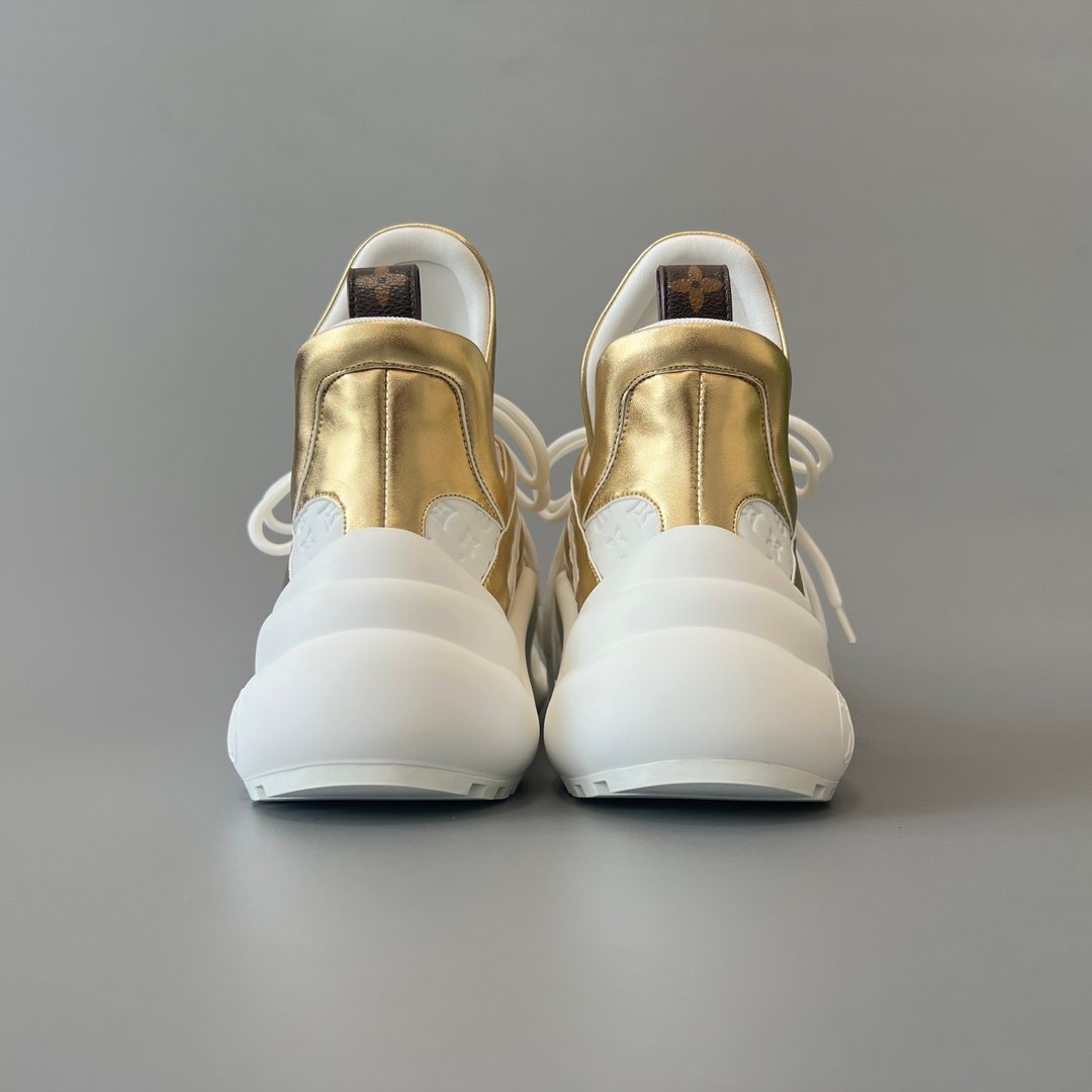 AuroraCustom LV Archlight Series Optic White Debossed Monogram Leather & Metallic Gold Luxury Wavy Platform Sneaker (Women's Exclusive) - Image 5