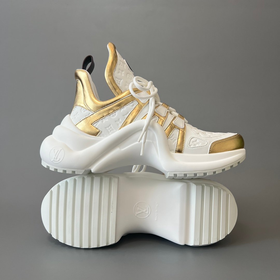 AuroraCustom LV Archlight Series Optic White Debossed Monogram Leather & Metallic Gold Luxury Wavy Platform Sneaker (Women's Exclusive) - Image 6