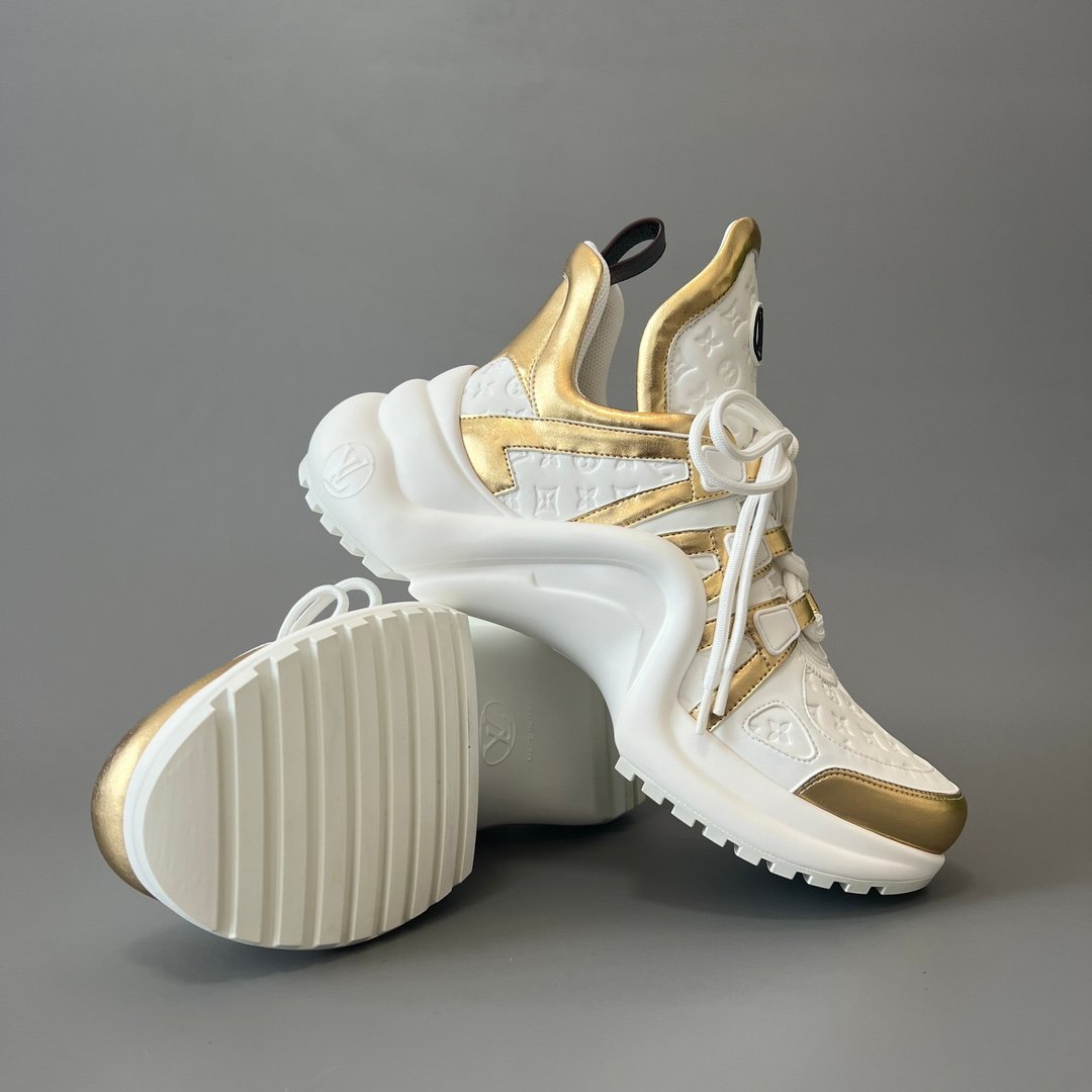 AuroraCustom LV Archlight Series Optic White Debossed Monogram Leather & Metallic Gold Luxury Wavy Platform Sneaker (Women's Exclusive) - Image 7