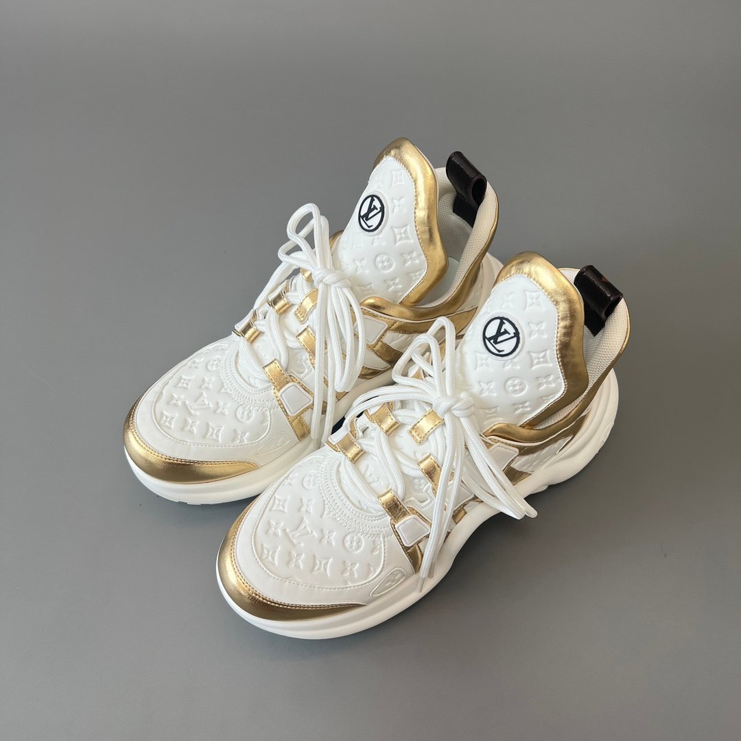 AuroraCustom LV Archlight Series Optic White Debossed Monogram Leather & Metallic Gold Luxury Wavy Platform Sneaker (Women's Exclusive) - Image 8
