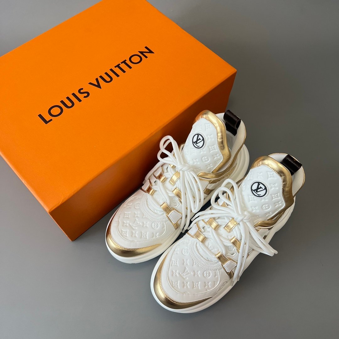 AuroraCustom LV Archlight Series Optic White Debossed Monogram Leather & Metallic Gold Luxury Wavy Platform Sneaker (Women's Exclusive) - Image 9