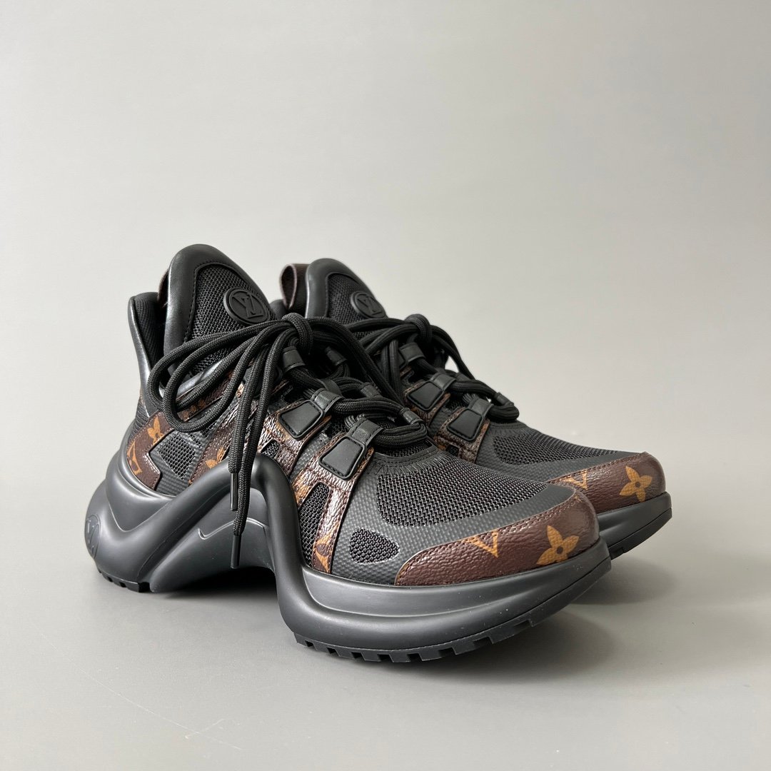 AuroraCustom LV Archlight Series Obsidian Black Mesh & Classic Brown Monogram Canvas Luxury Wavy Platform Sneaker (Women's Exclusive) - Image 3