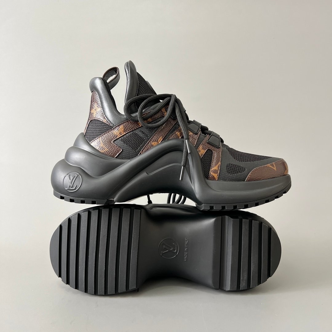 AuroraCustom LV Archlight Series Obsidian Black Mesh & Classic Brown Monogram Canvas Luxury Wavy Platform Sneaker (Women's Exclusive) - Image 6