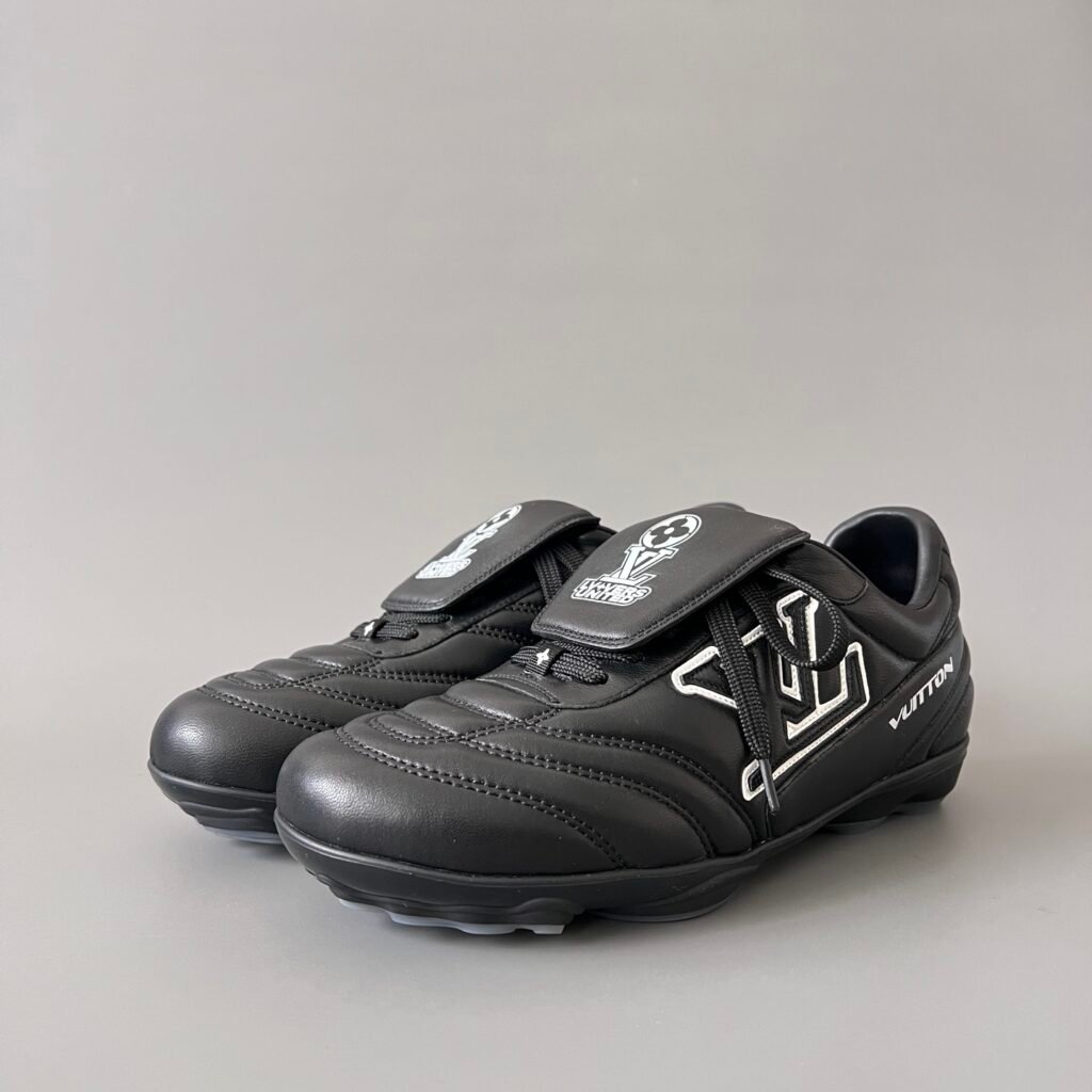 AuroraCustom LV Footprint Soccer Series Obsidian Core Black Premium Leather Fold-Over Tongue Avant-Garde Luxury Statement Sneaker (Unisex Edition)