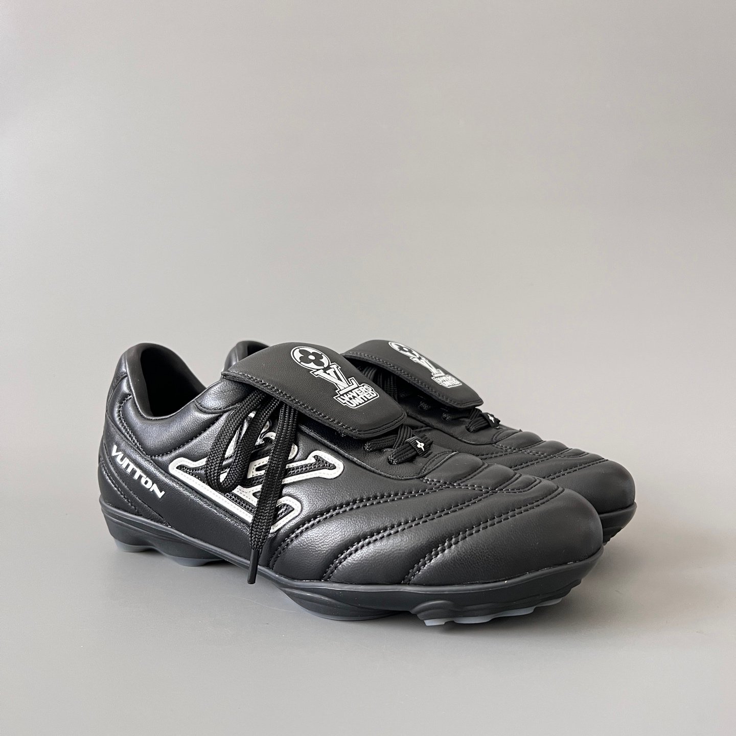AuroraCustom LV Footprint Soccer Series Obsidian Core Black Premium Leather Fold-Over Tongue Avant-Garde Luxury Statement Sneaker (Unisex Edition) - Image 3