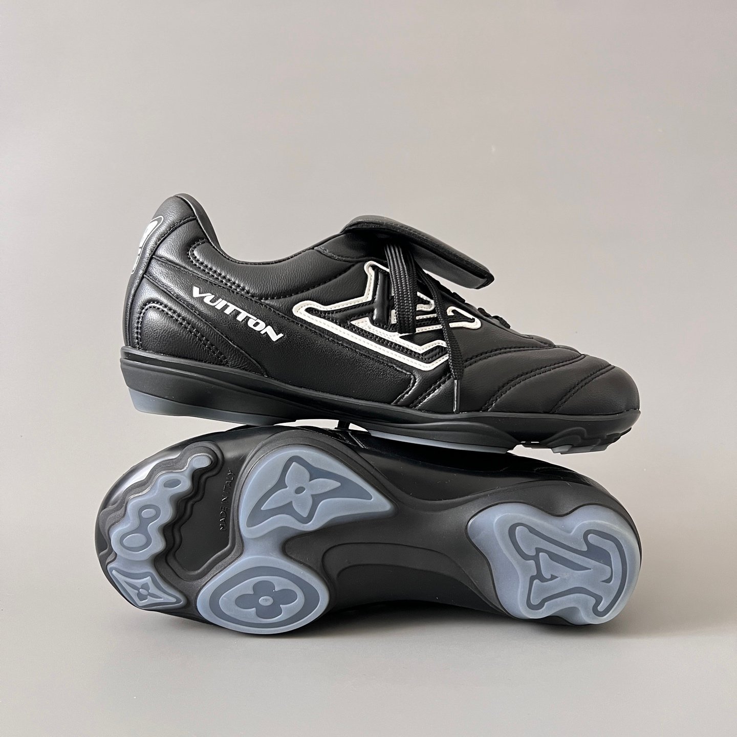 AuroraCustom LV Footprint Soccer Series Obsidian Core Black Premium Leather Fold-Over Tongue Avant-Garde Luxury Statement Sneaker (Unisex Edition) - Image 6