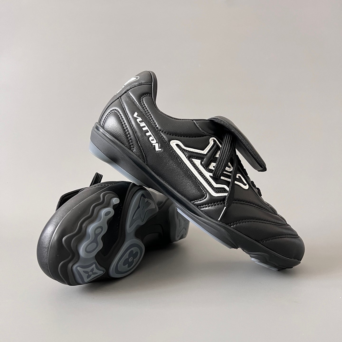 AuroraCustom LV Footprint Soccer Series Obsidian Core Black Premium Leather Fold-Over Tongue Avant-Garde Luxury Statement Sneaker (Unisex Edition) - Image 7