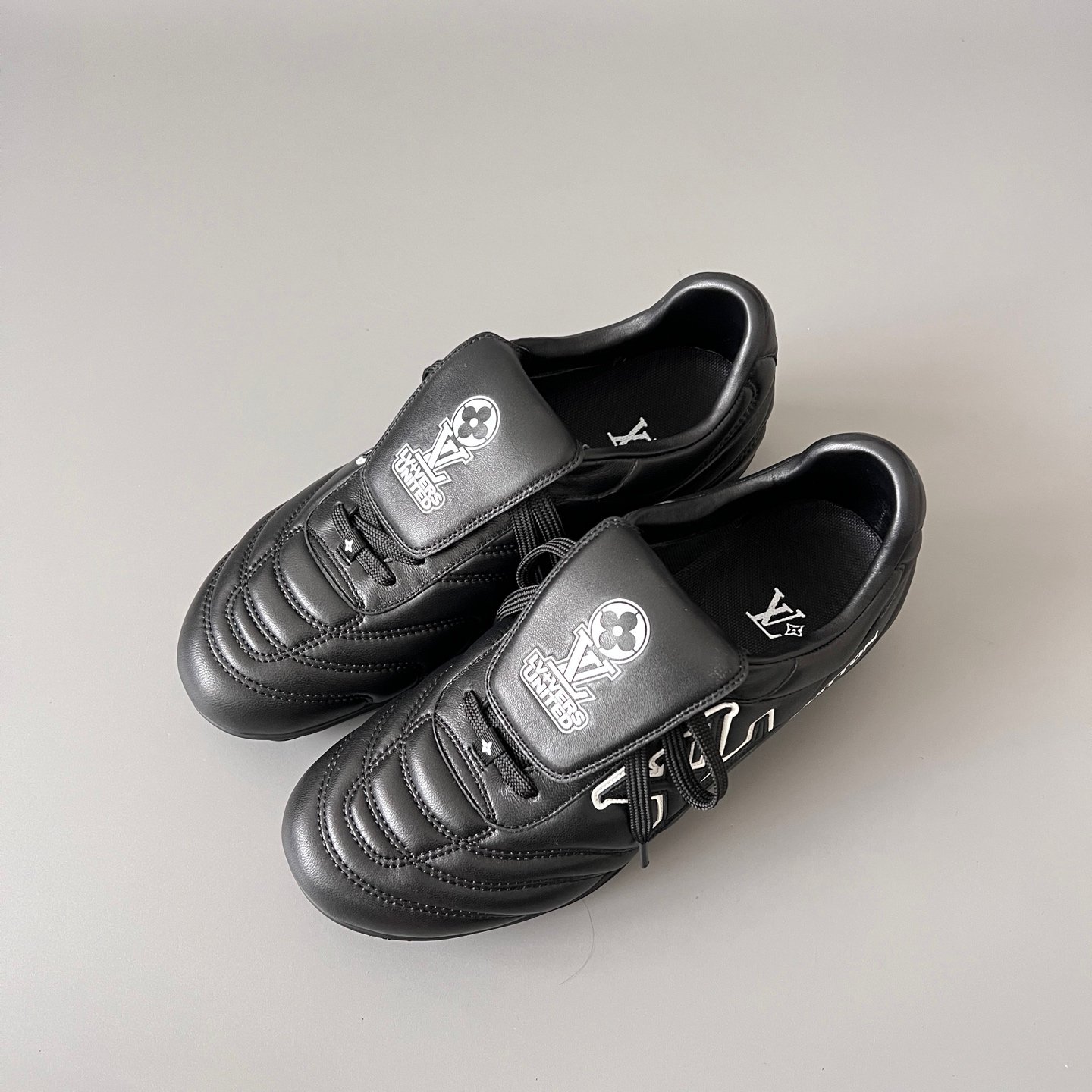 AuroraCustom LV Footprint Soccer Series Obsidian Core Black Premium Leather Fold-Over Tongue Avant-Garde Luxury Statement Sneaker (Unisex Edition) - Image 8