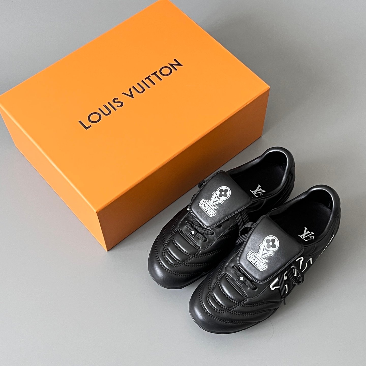 AuroraCustom LV Footprint Soccer Series Obsidian Core Black Premium Leather Fold-Over Tongue Avant-Garde Luxury Statement Sneaker (Unisex Edition) - Image 9