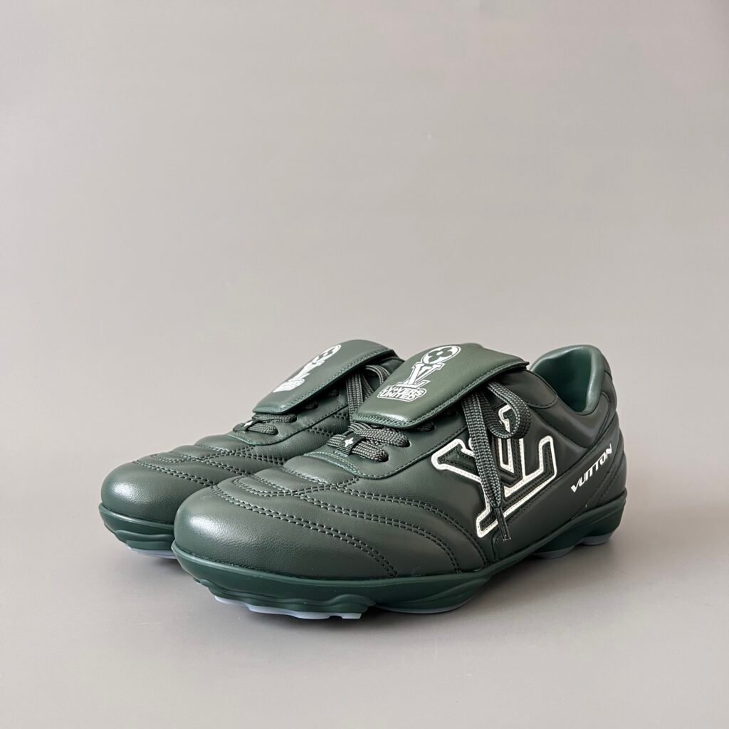 AuroraCustom LV Footprint Soccer Series Forest Pine Green Premium Leather Fold-Over Tongue Avant-Garde Luxury Statement Sneaker (Unisex Edition)