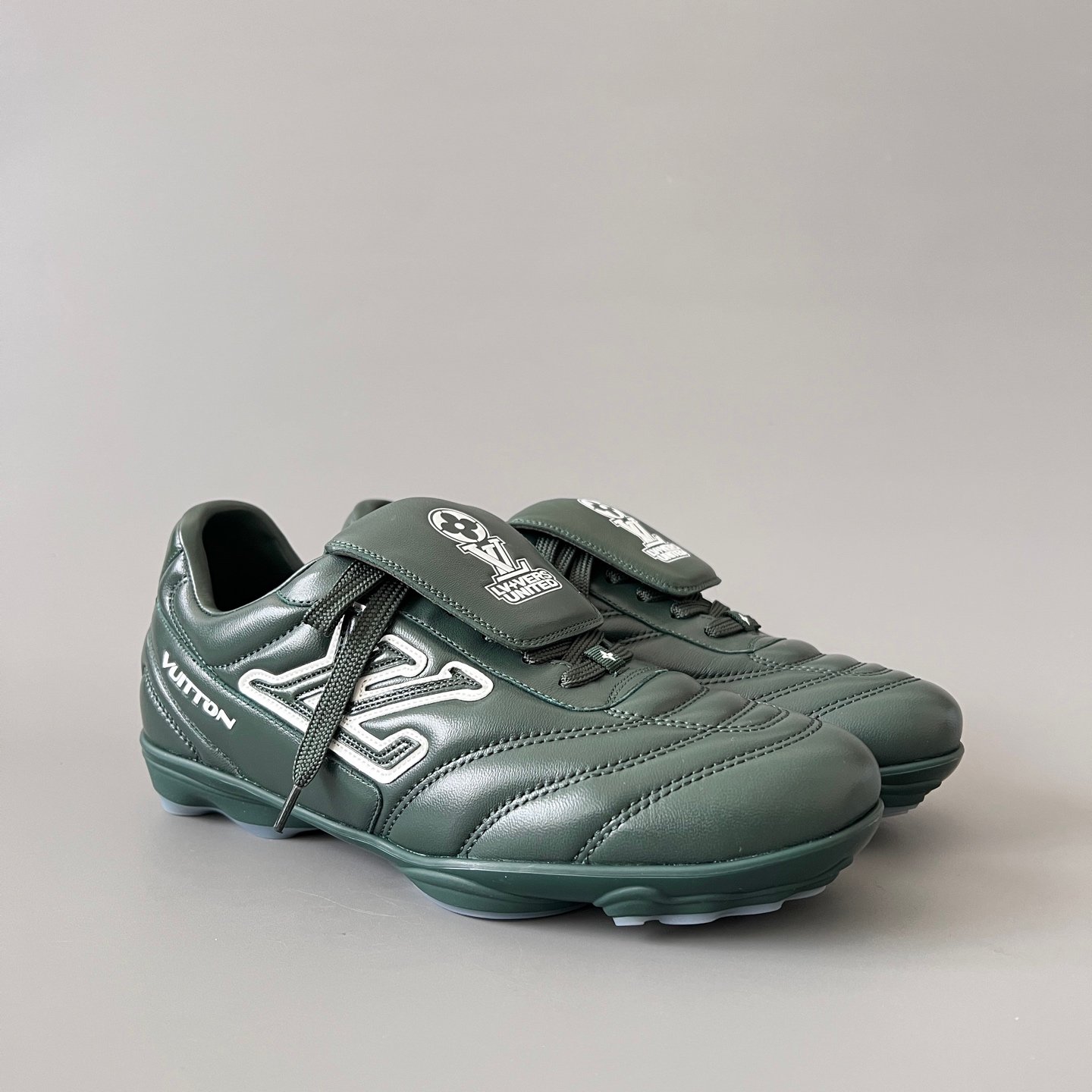 AuroraCustom LV Footprint Soccer Series Forest Pine Green Premium Leather Fold-Over Tongue Avant-Garde Luxury Statement Sneaker (Unisex Edition) - Image 3