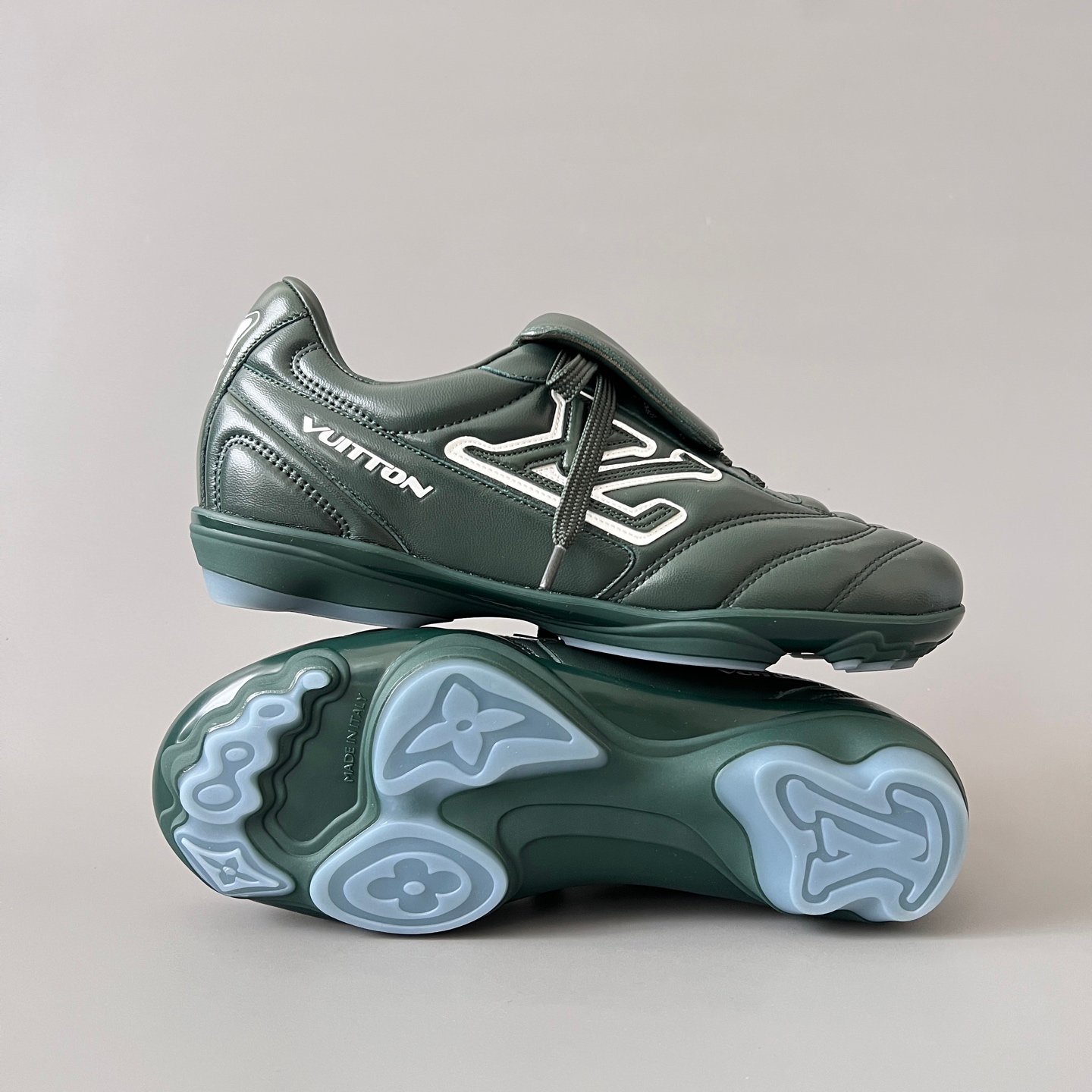 AuroraCustom LV Footprint Soccer Series Forest Pine Green Premium Leather Fold-Over Tongue Avant-Garde Luxury Statement Sneaker (Unisex Edition) - Image 6
