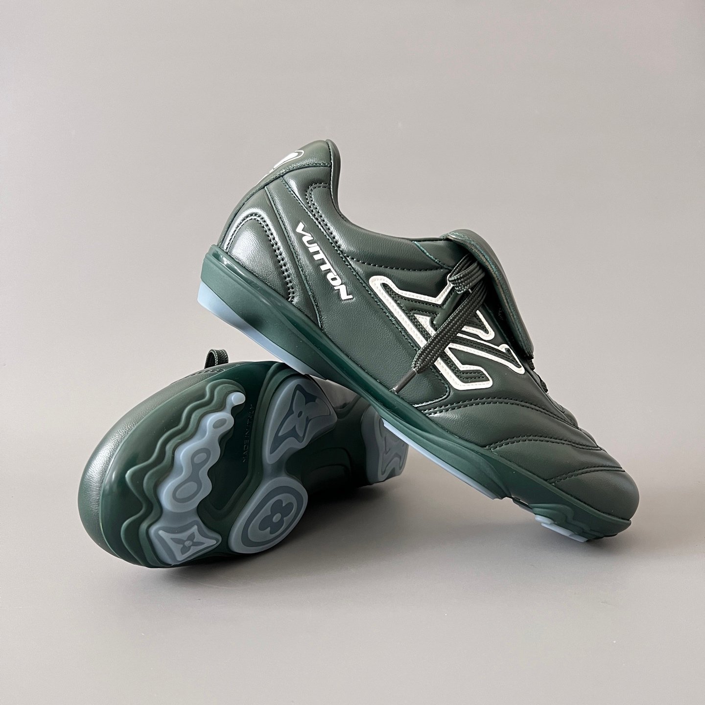 AuroraCustom LV Footprint Soccer Series Forest Pine Green Premium Leather Fold-Over Tongue Avant-Garde Luxury Statement Sneaker (Unisex Edition) - Image 7