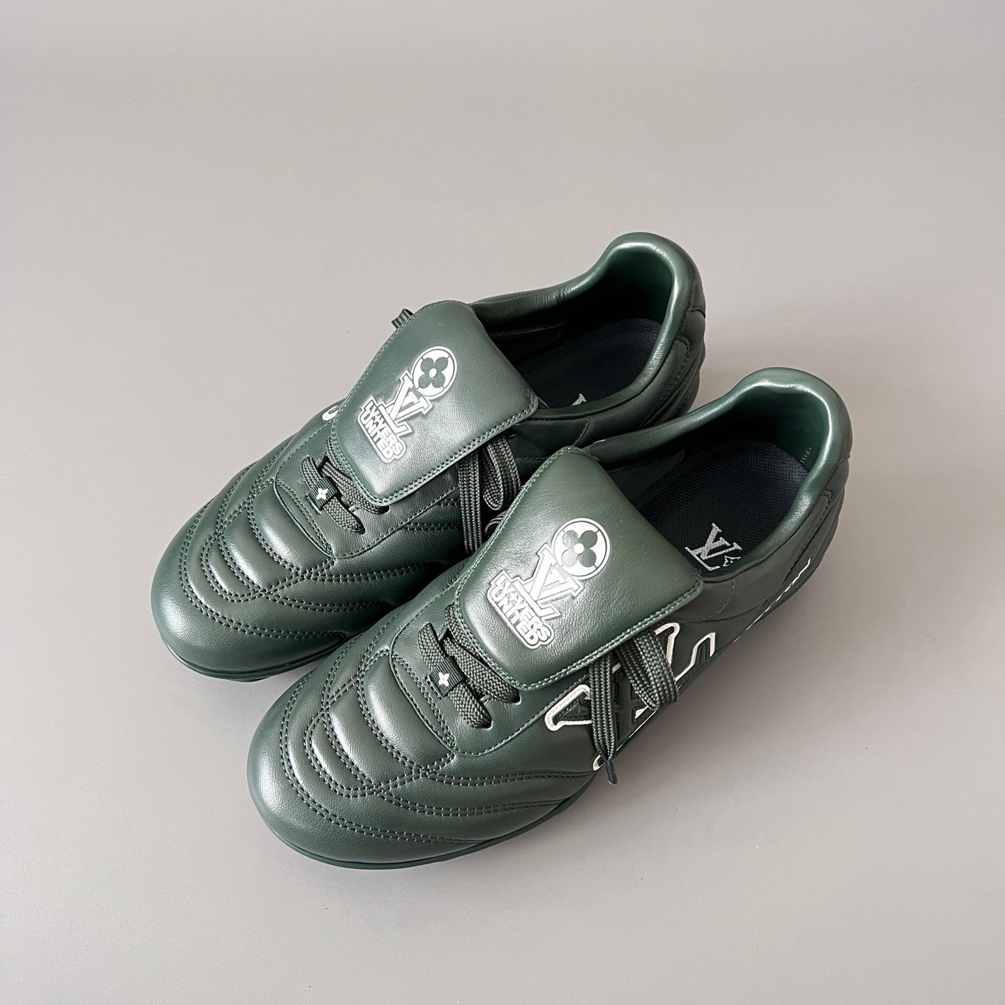 AuroraCustom LV Footprint Soccer Series Forest Pine Green Premium Leather Fold-Over Tongue Avant-Garde Luxury Statement Sneaker (Unisex Edition) - Image 8