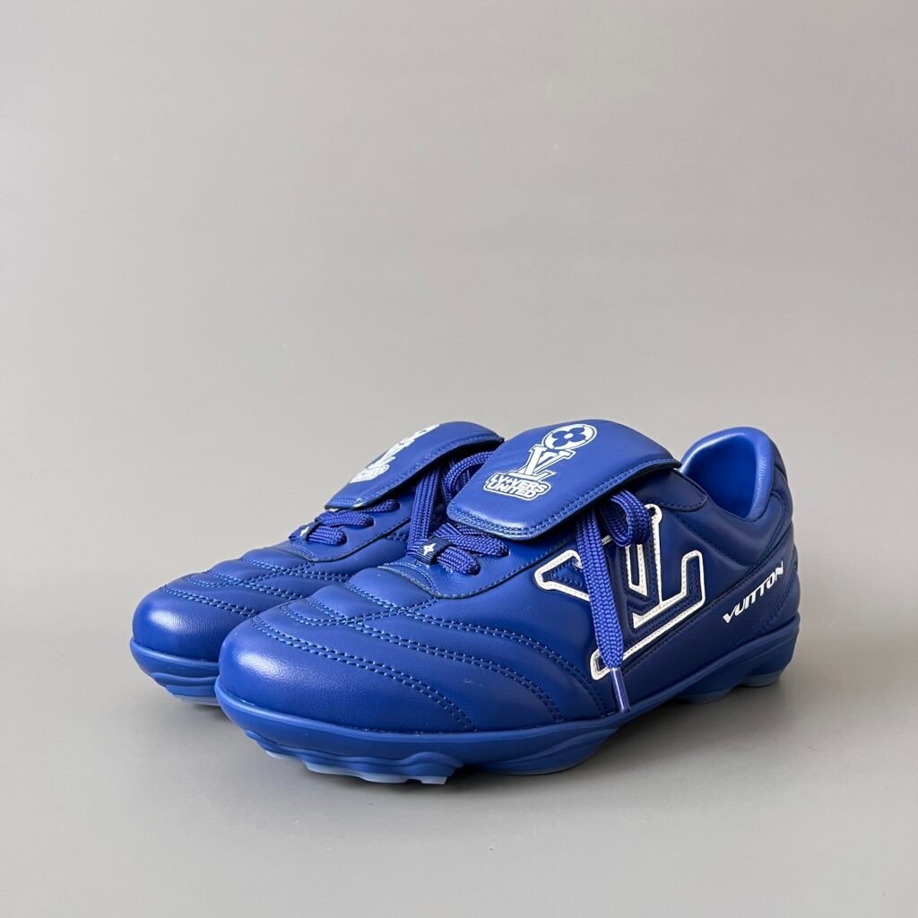 AuroraCustom LV Footprint Soccer Series Royal Cobalt Blue Premium Leather Fold-Over Tongue Avant-Garde Luxury Statement Sneaker (Unisex Edition)