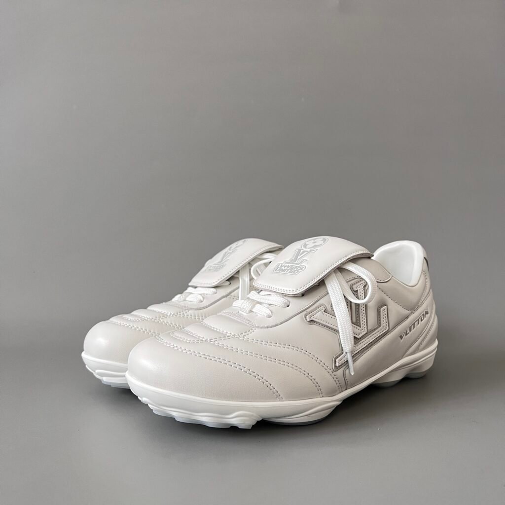 AuroraCustom LV Footprint Soccer Series Optic White Premium Leather Fold-Over Tongue Avant-Garde Luxury Statement Sneaker (Unisex Edition)