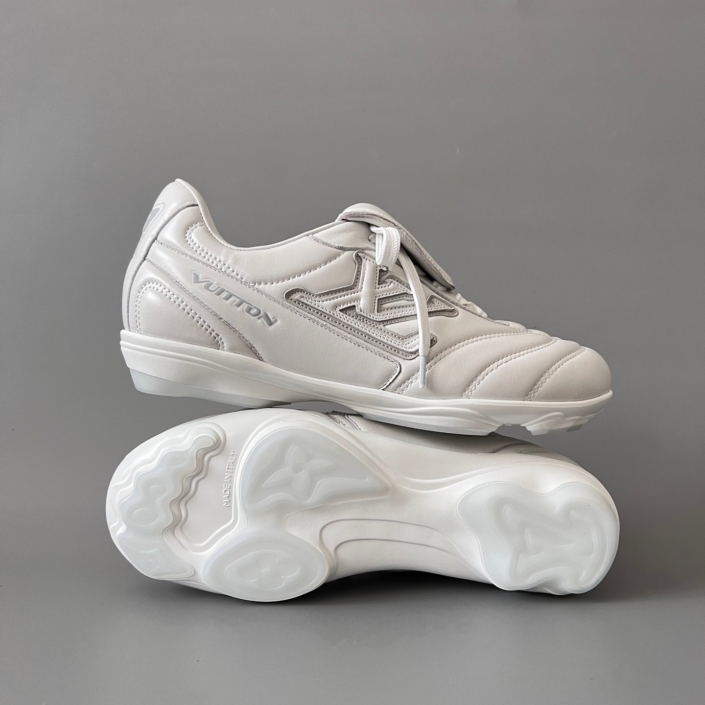 AuroraCustom LV Footprint Soccer Series Optic White Premium Leather Fold-Over Tongue Avant-Garde Luxury Statement Sneaker (Unisex Edition) - Image 6