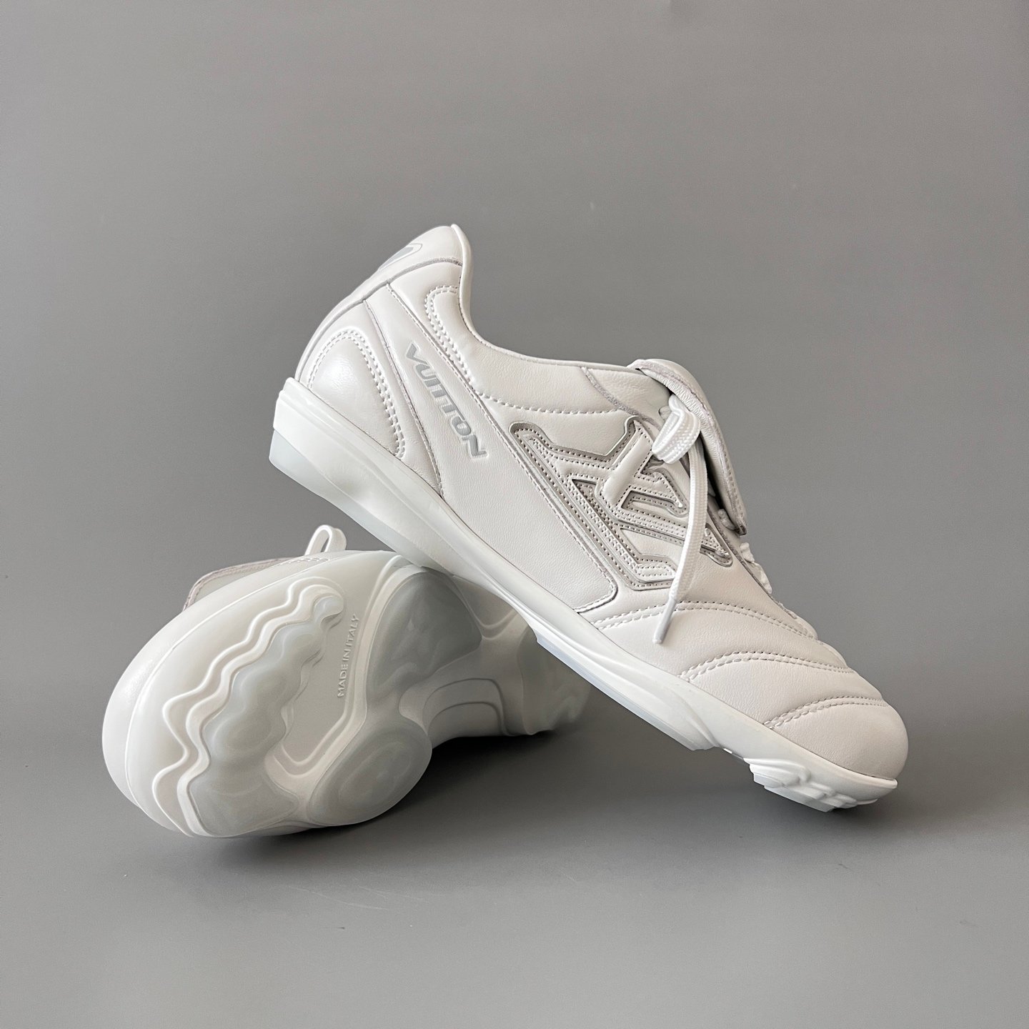 AuroraCustom LV Footprint Soccer Series Optic White Premium Leather Fold-Over Tongue Avant-Garde Luxury Statement Sneaker (Unisex Edition) - Image 7