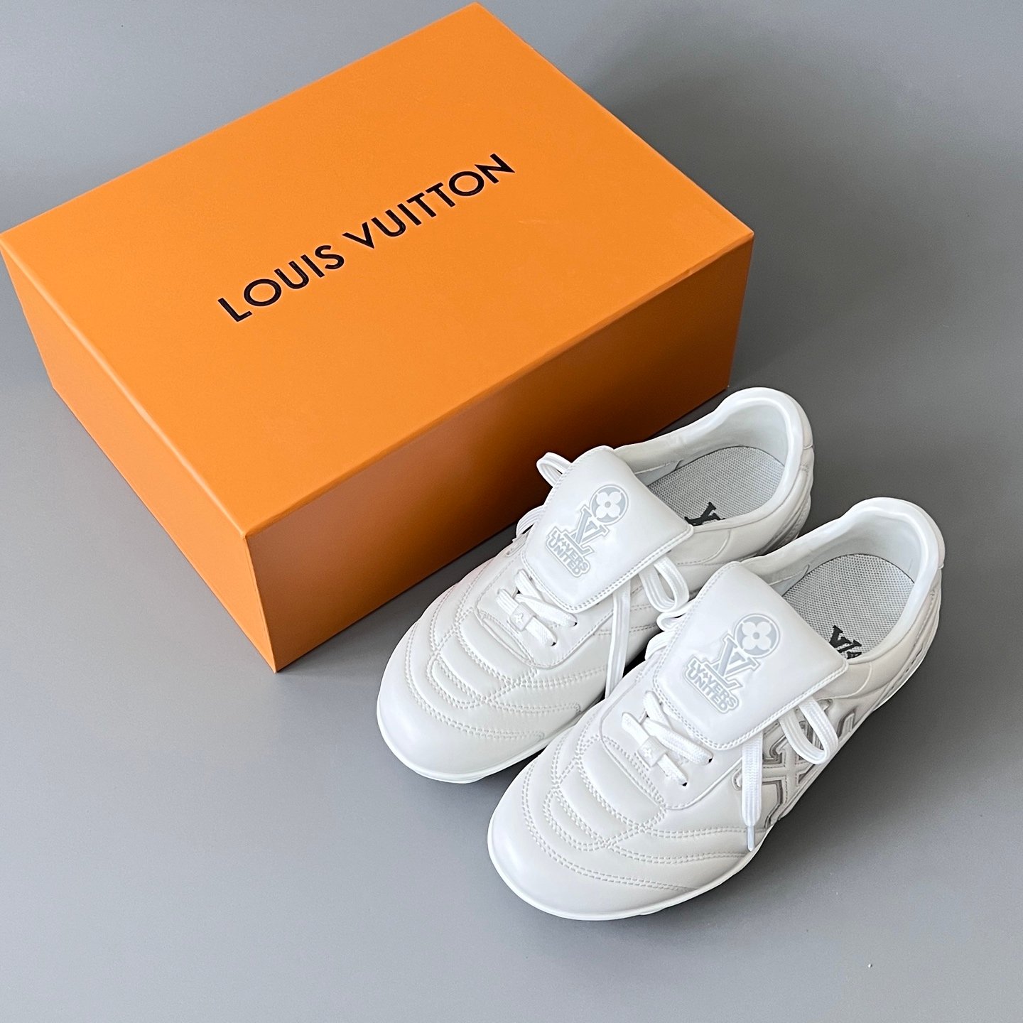 AuroraCustom LV Footprint Soccer Series Optic White Premium Leather Fold-Over Tongue Avant-Garde Luxury Statement Sneaker (Unisex Edition) - Image 9