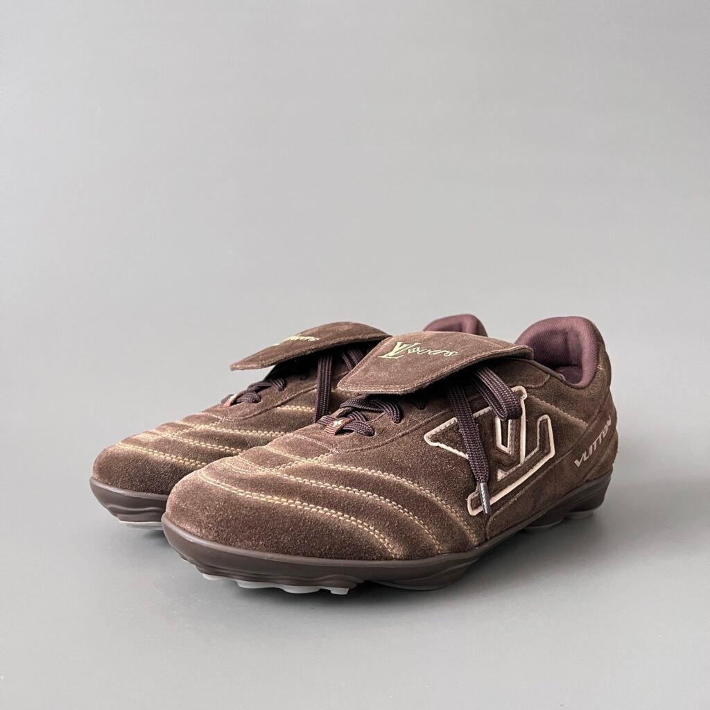 AuroraCustom LV Footprint Soccer Series Espresso Chocolate Suede Fold-Over Tongue Avant-Garde Luxury Statement Sneaker (Unisex Edition)