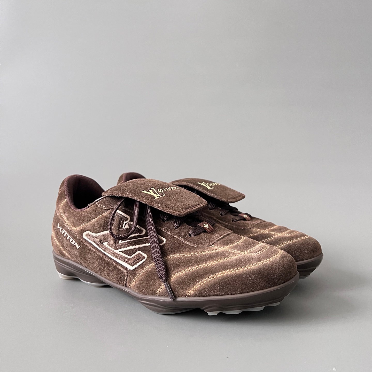 AuroraCustom LV Footprint Soccer Series Espresso Chocolate Suede Fold-Over Tongue Avant-Garde Luxury Statement Sneaker (Unisex Edition) - Image 3