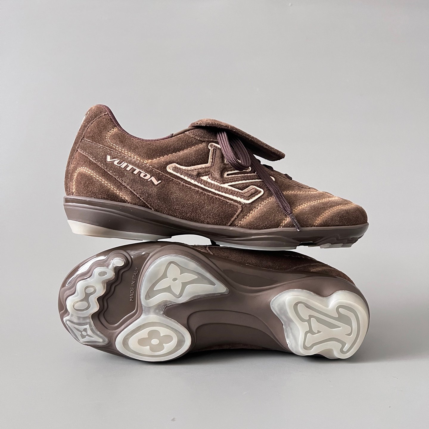 AuroraCustom LV Footprint Soccer Series Espresso Chocolate Suede Fold-Over Tongue Avant-Garde Luxury Statement Sneaker (Unisex Edition) - Image 6