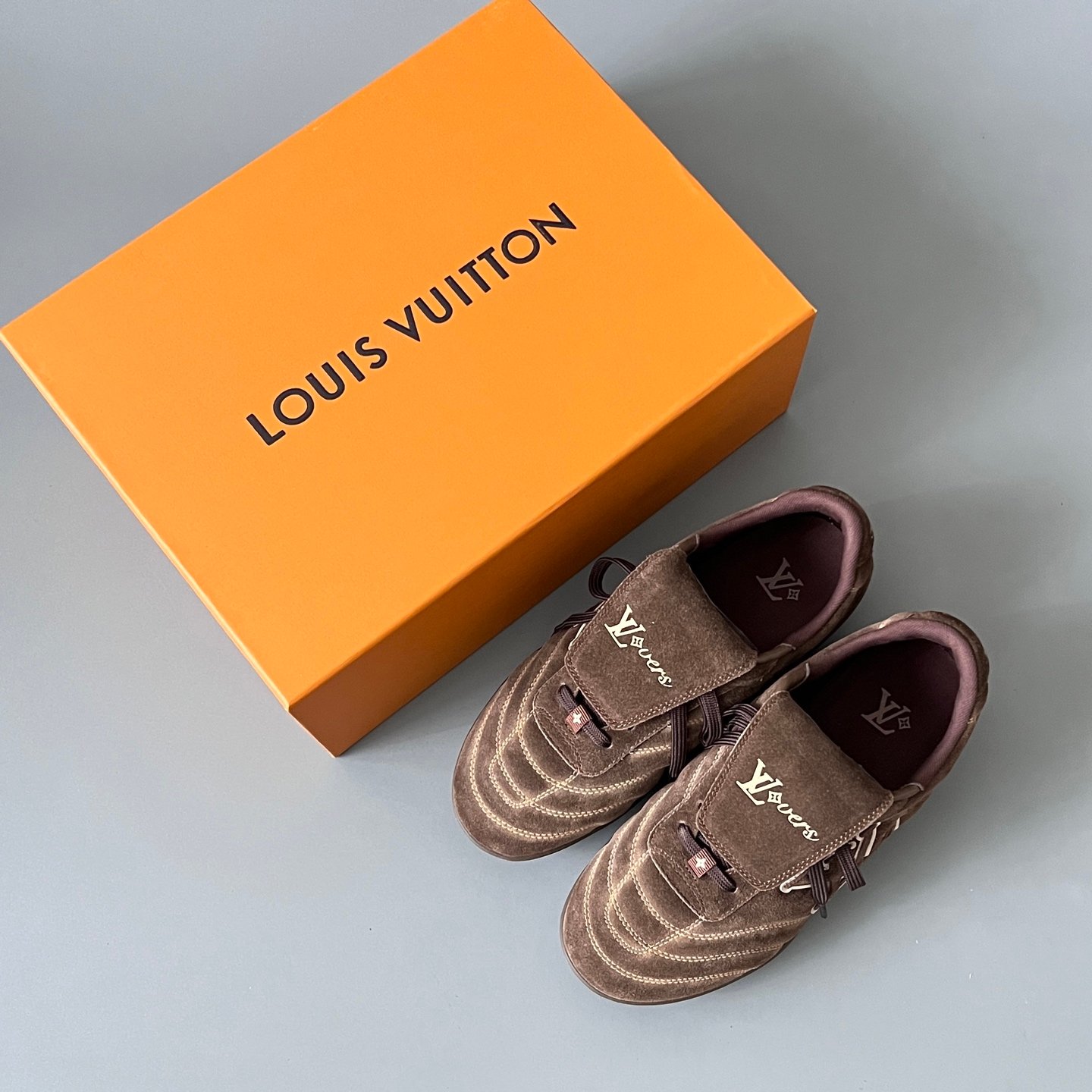 AuroraCustom LV Footprint Soccer Series Espresso Chocolate Suede Fold-Over Tongue Avant-Garde Luxury Statement Sneaker (Unisex Edition) - Image 9