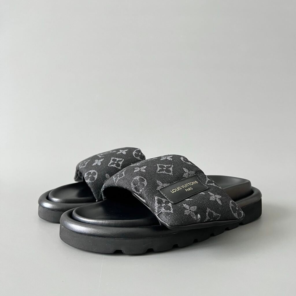 AuroraCustom LV Pool Pillow Comfort Series Obsidian Black Monogram Denim Luxury Flat Slide Sandal (Women's Exclusive)