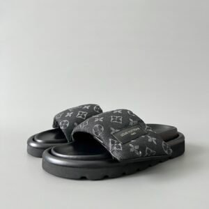 AuroraCustom LV Pool Pillow Comfort Series Obsidian Black Monogram Denim Luxury Flat Slide Sandal (Women's Exclusive)
