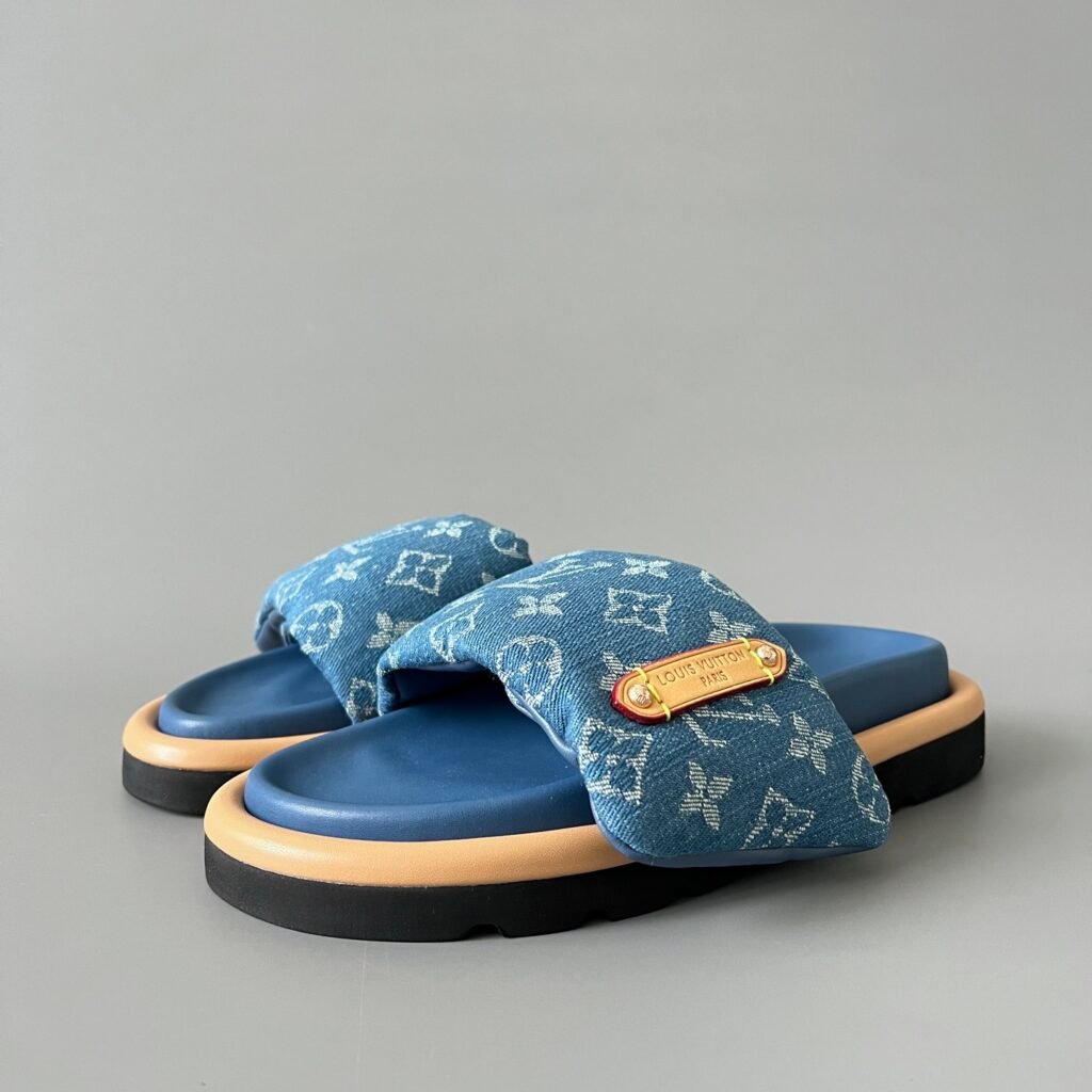 AuroraCustom LV Pool Pillow Comfort Series Royal Indigo Monogram Denim Luxury Flat Slide Sandal (Women's Exclusive)