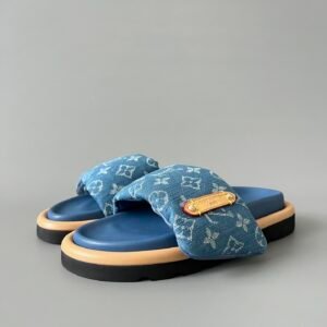 AuroraCustom LV Pool Pillow Comfort Series Royal Indigo Monogram Denim Luxury Flat Slide Sandal (Women's Exclusive)