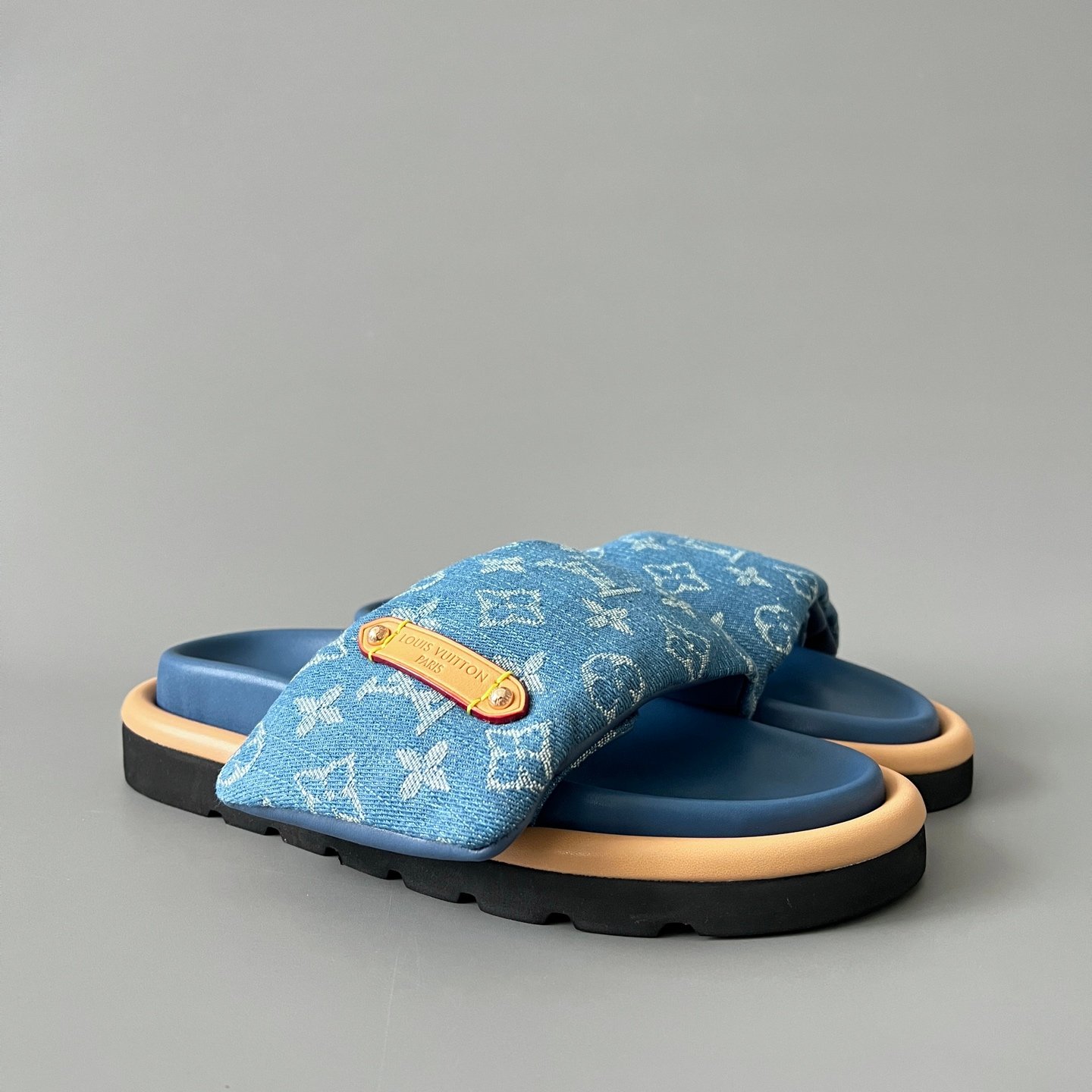 AuroraCustom LV Pool Pillow Comfort Series Royal Indigo Monogram Denim Luxury Flat Slide Sandal (Women's Exclusive) - Image 3