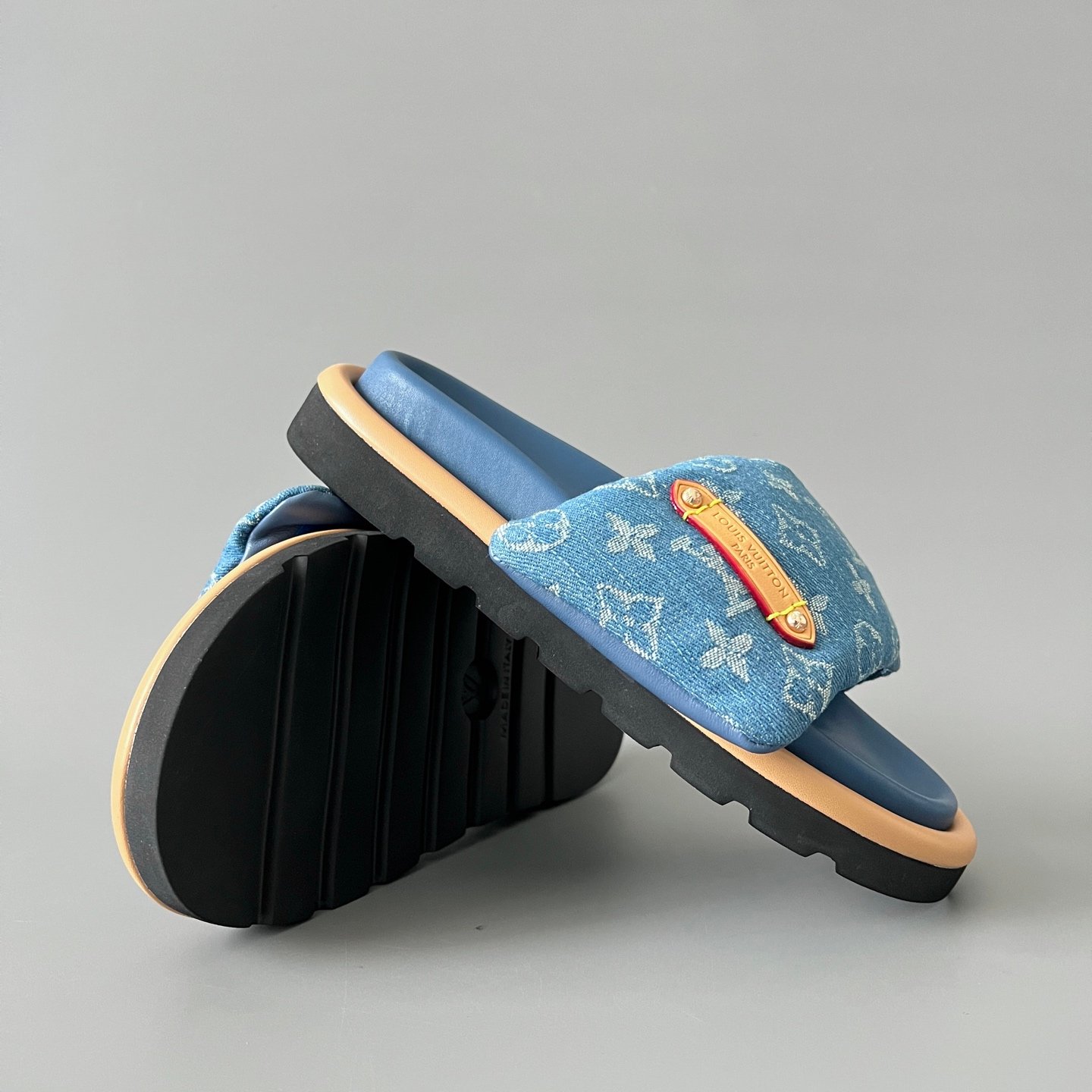 AuroraCustom LV Pool Pillow Comfort Series Royal Indigo Monogram Denim Luxury Flat Slide Sandal (Women's Exclusive) - Image 7