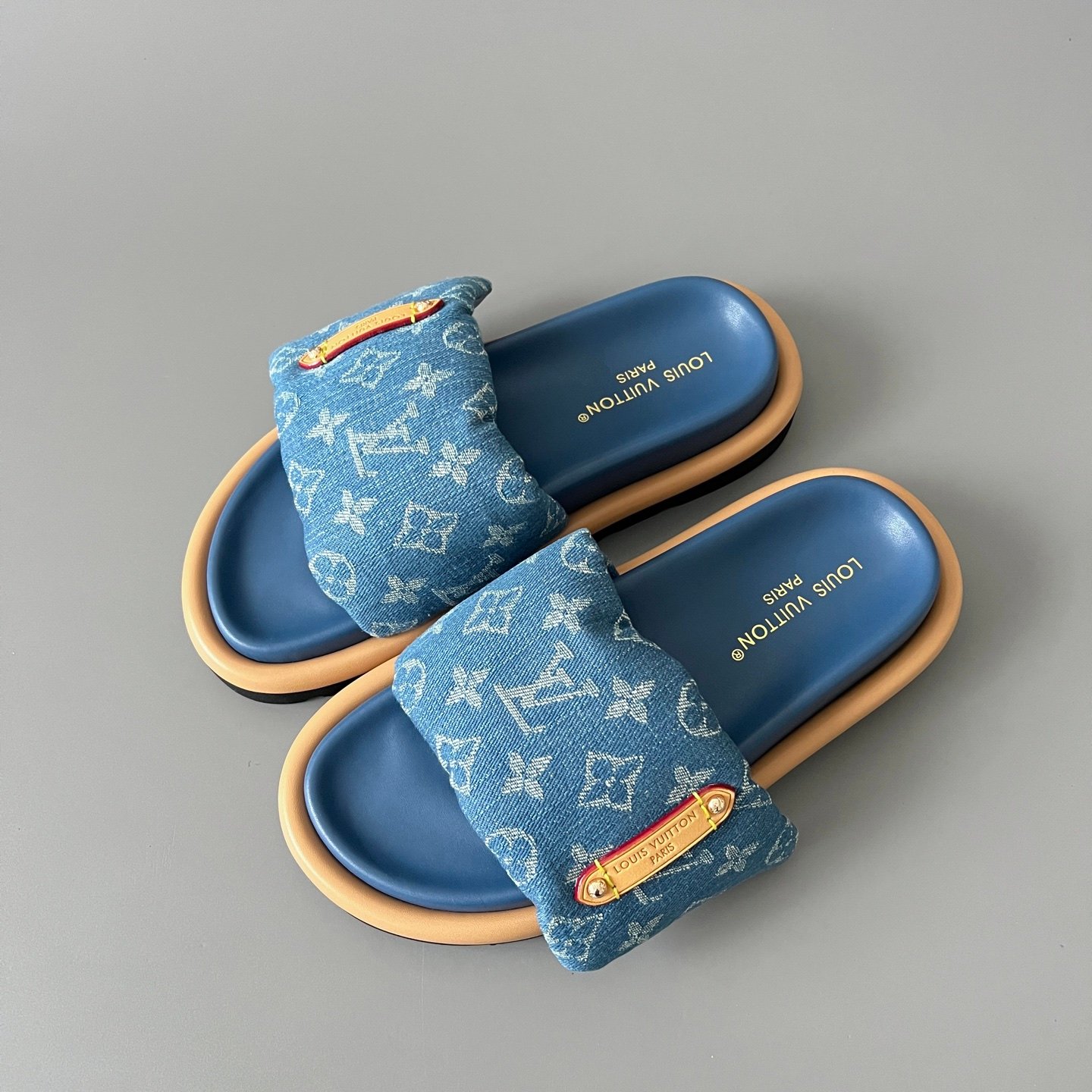 AuroraCustom LV Pool Pillow Comfort Series Royal Indigo Monogram Denim Luxury Flat Slide Sandal (Women's Exclusive) - Image 8