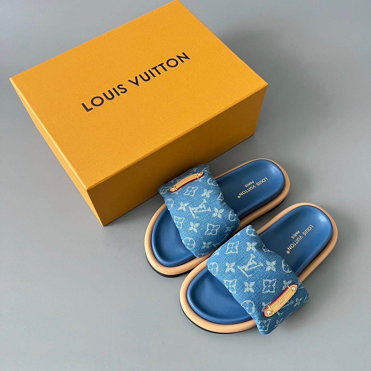 AuroraCustom LV Pool Pillow Comfort Series Royal Indigo Monogram Denim Luxury Flat Slide Sandal (Women's Exclusive) - Image 9